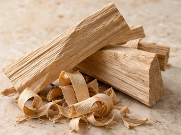 Frammenti e trucioli di legno chiaro su pietra beige, evocazione dei legni biondi