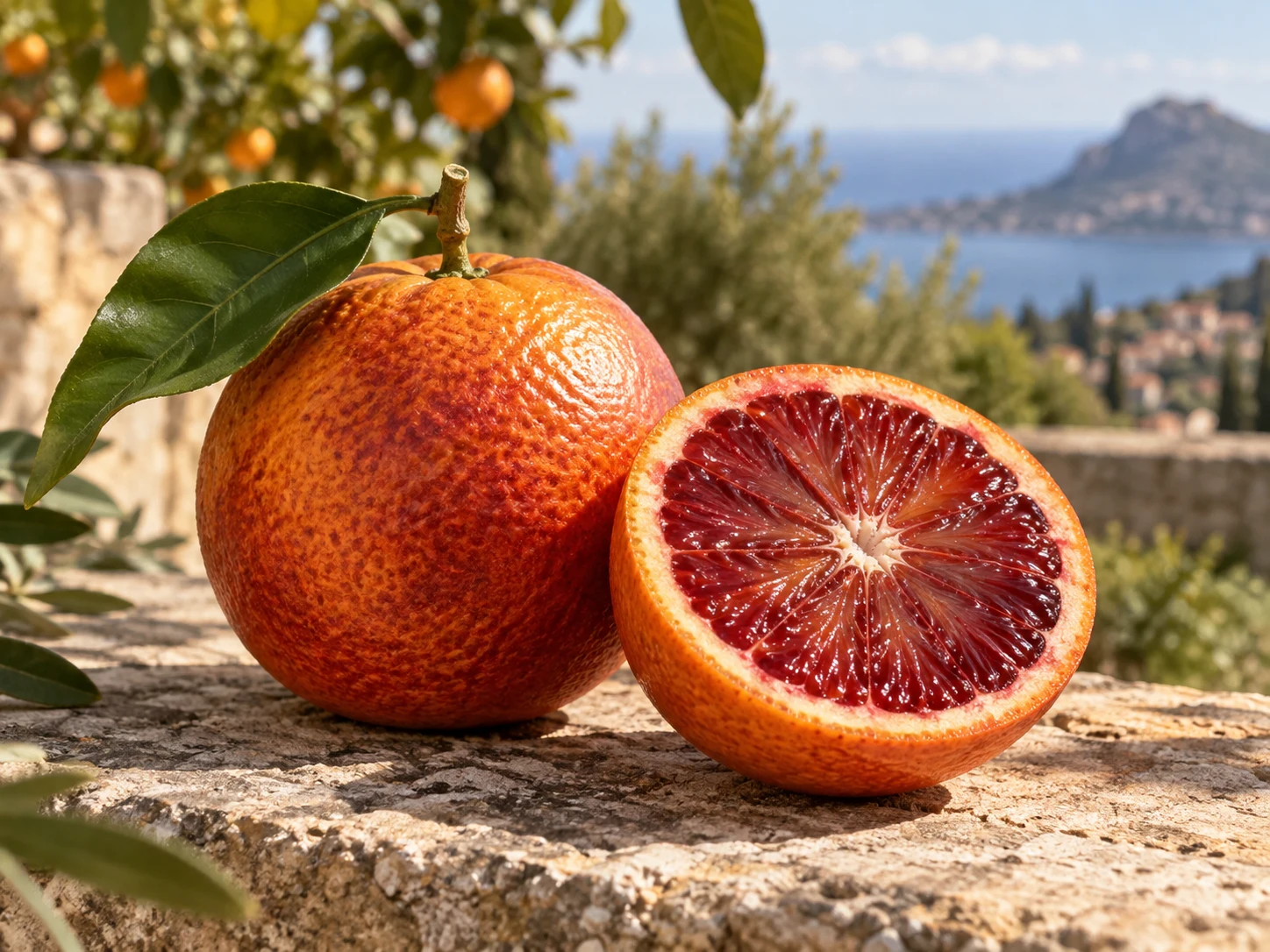 Arancia rossa intera e tagliata con polpa rubino in un paesaggio mediterraneo