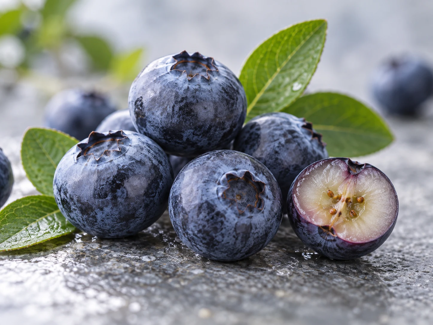 Mirtilli maturi blu violacei con foglie verdi su pietra chiara