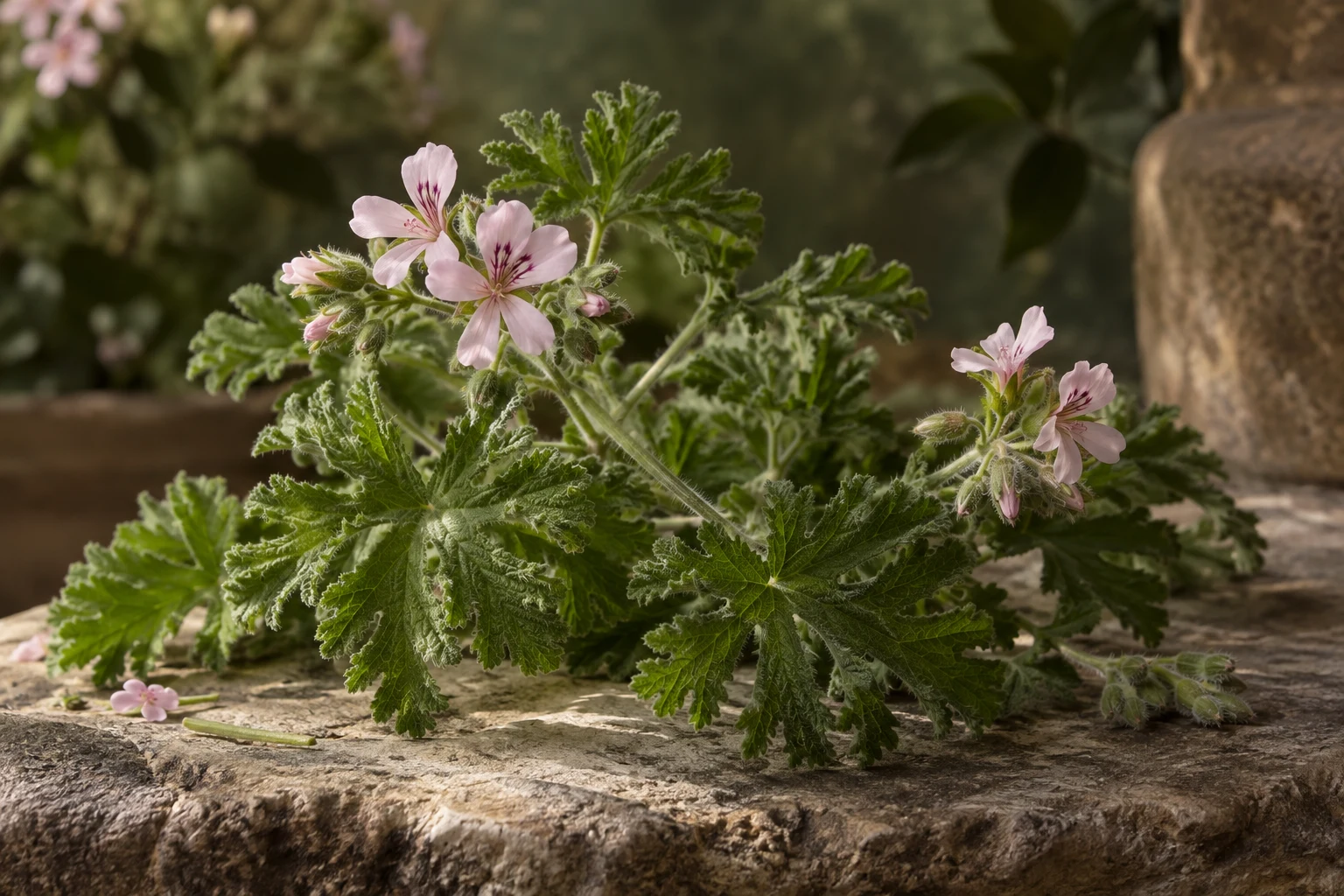 Fiori rosa e foglie lobate di geranio Bourbon