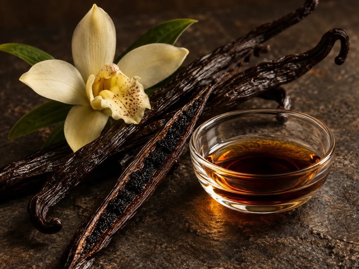 Baccelli di vaniglia Bourbon, orchidea chiara e una piccola coppa di estratto ambrato, rappresentazione evocativa della materia olfattiva