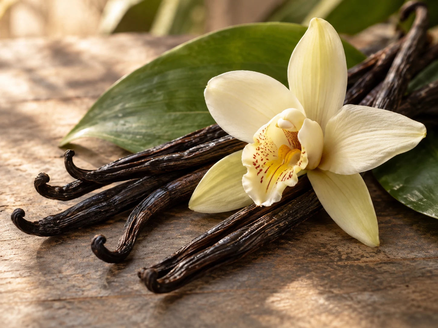 Baccelli scuri di vaniglia Bourbon con fiore chiaro e foglia verde