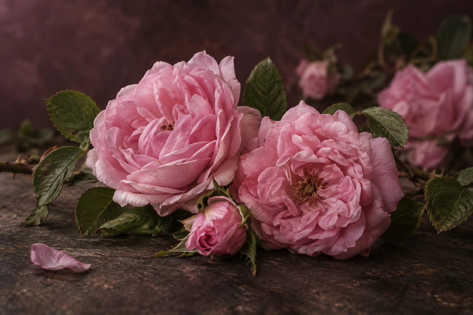 Rose bulgare rosa con boccioli e foglie