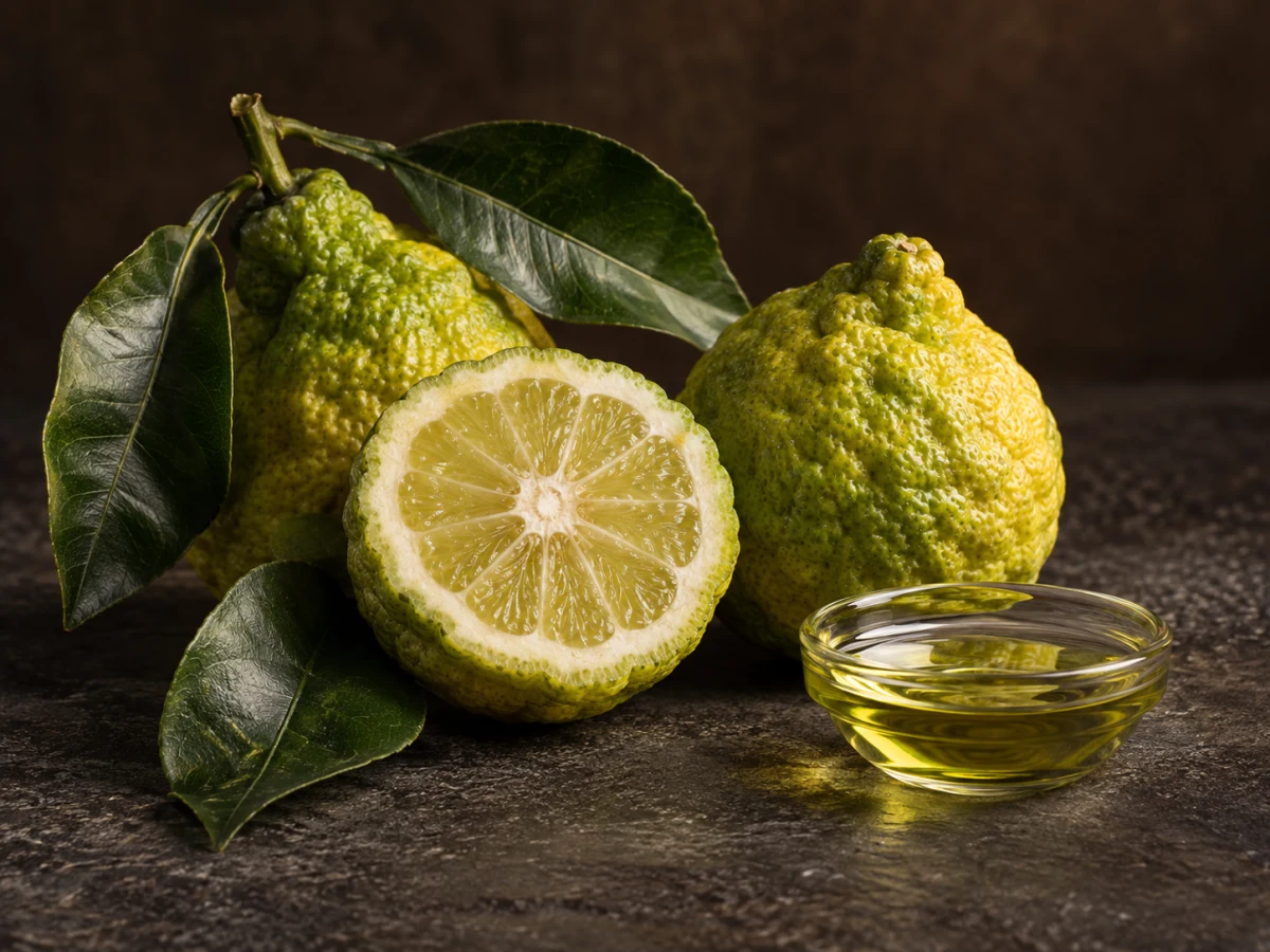 Bergamotti di Calabria giallo-verdi, uno aperto, con foglie lucide e una coppa di essenza su pietra scura