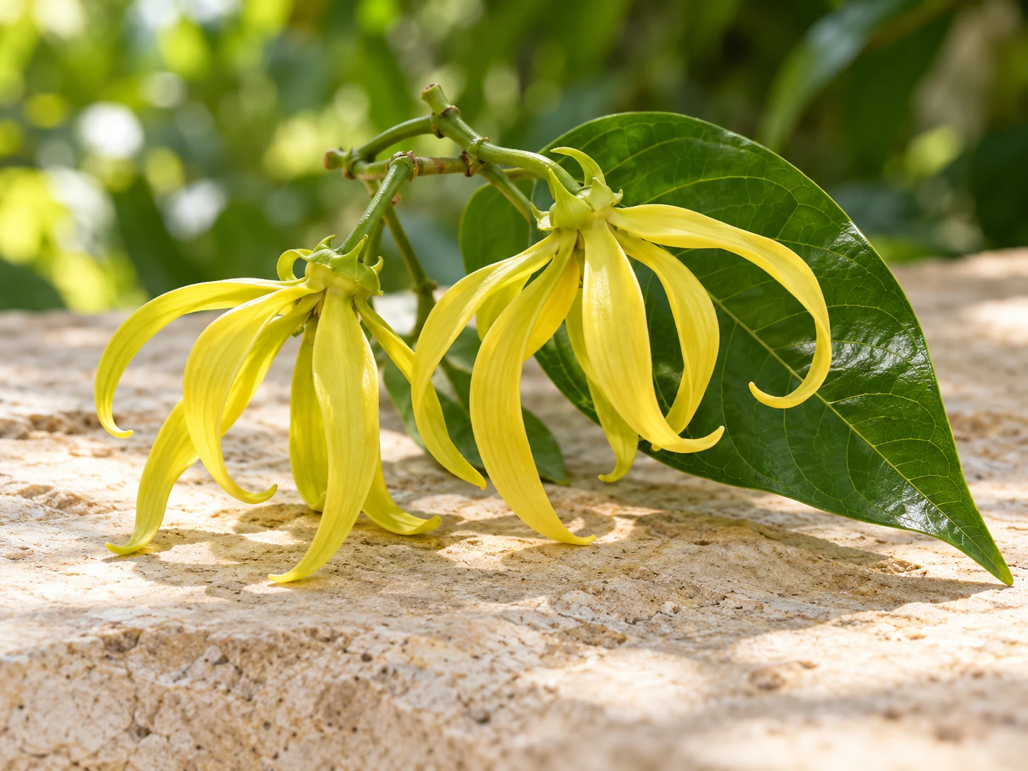 Due fiori giallo-verdi di cananga con petali stretti e una foglia verde su pietra chiara