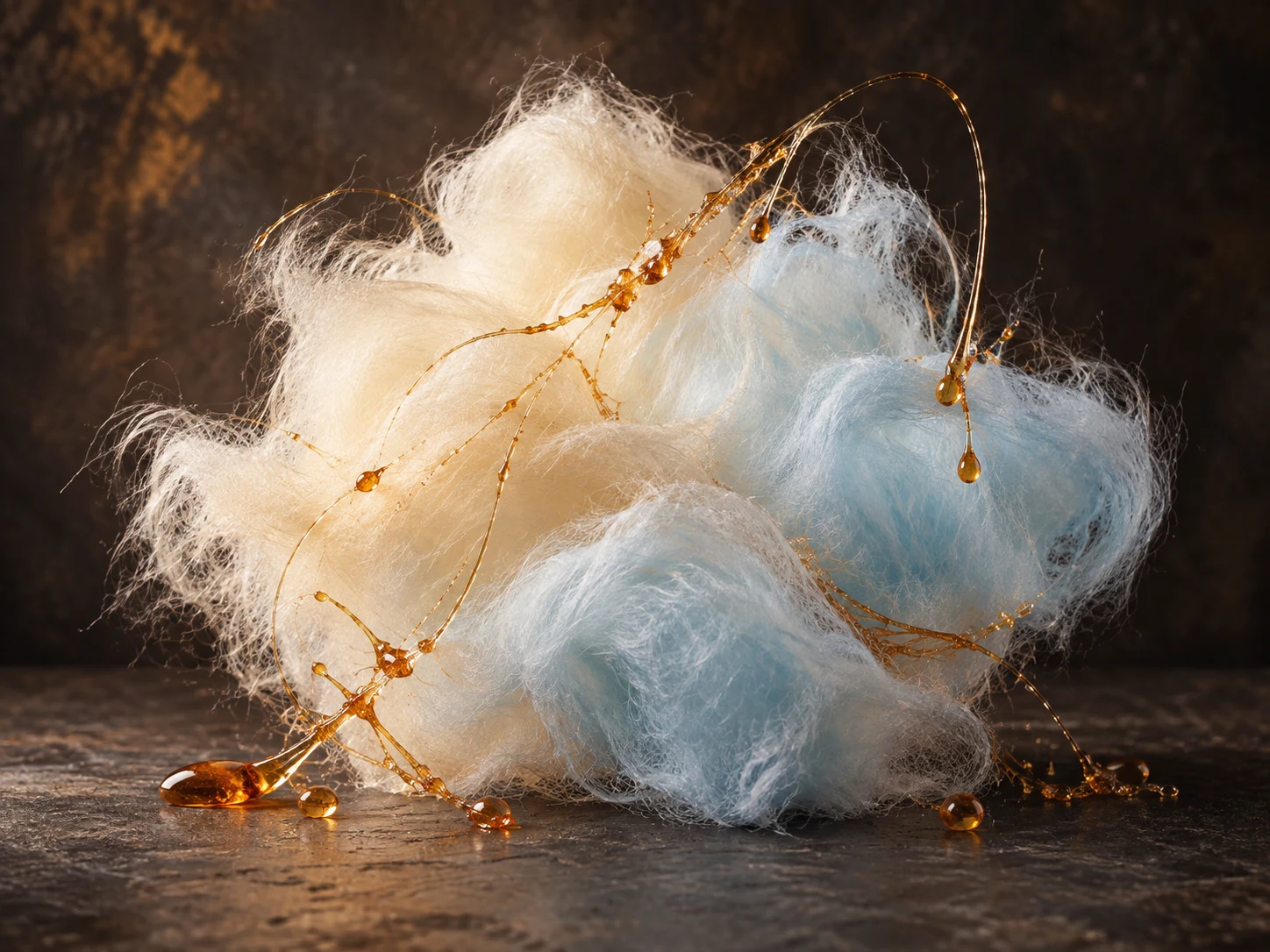 Nuvole di zucchero filato avorio e azzurro percorse da fili di caramello ambrato