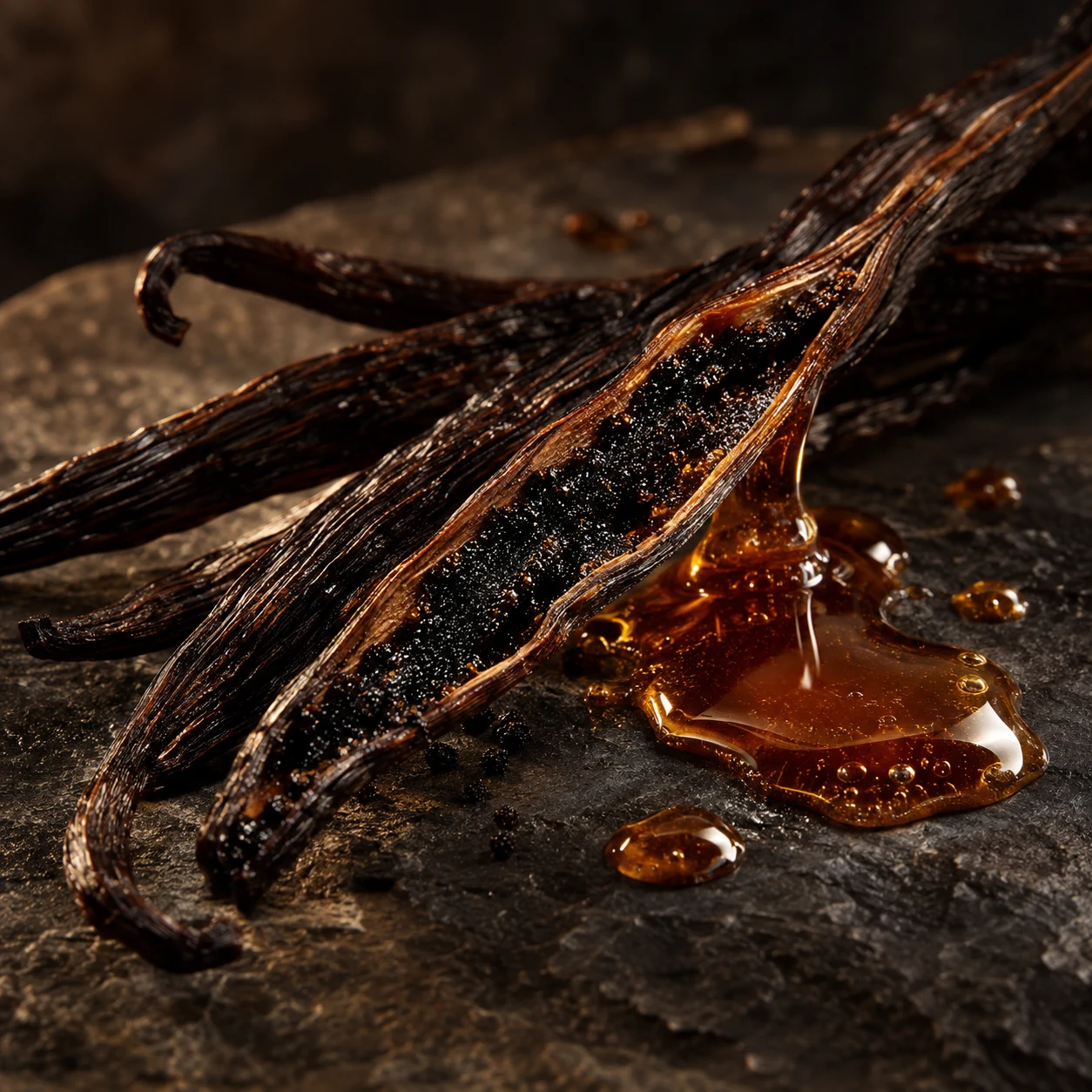 Baccelli di vaniglia tostati, uno aperto, accanto a una colata ambrata di caramello su pietra scura
