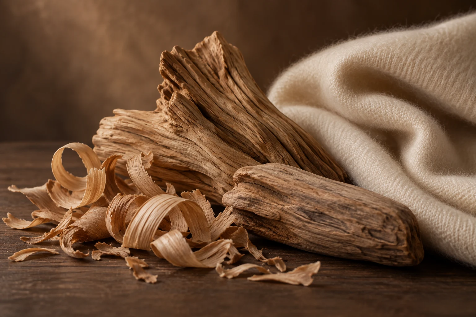 Riccioli di legno chiaro accanto a una piega di cashmere avorio