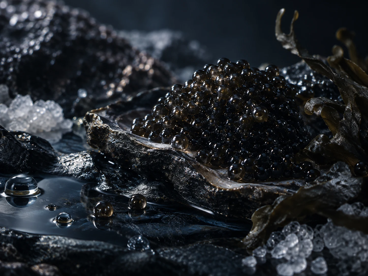 Perle scure e riflessi minerali evocano un accordo di caviale salino