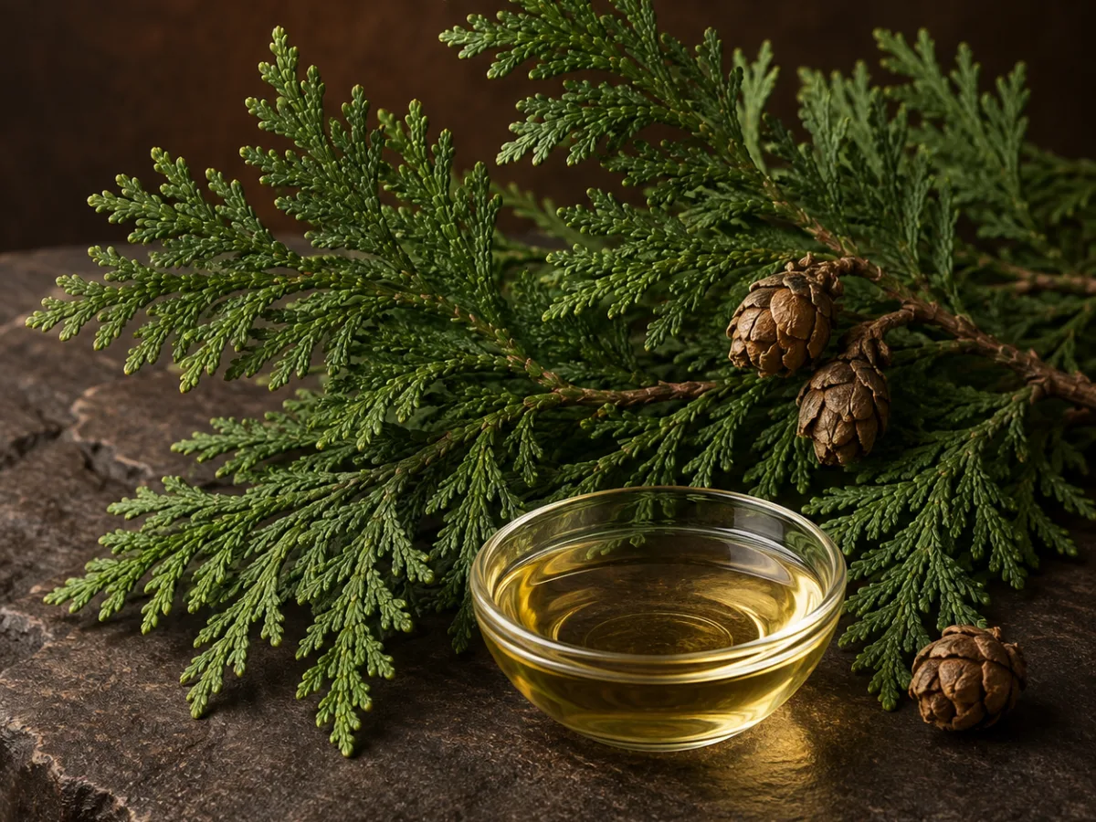 Rametti verdi di cedro con piccole pigne e una coppa di olio ambrato su pietra scura, rappresentazione evocativa dell’olio essenziale di foglia di cedro