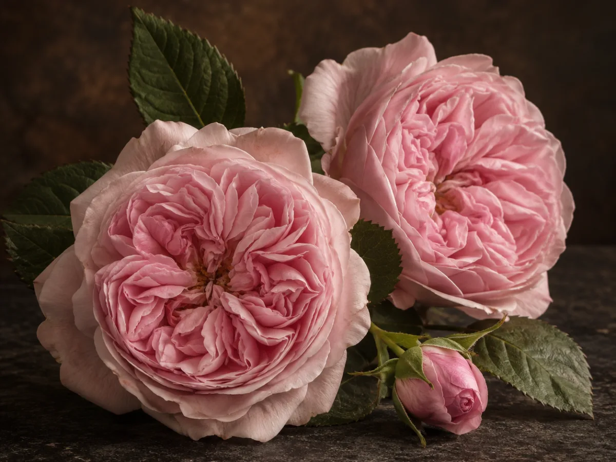 Rose centifolia rosa pallido di Grasse con numerosi petali e un bocciolo su pietra scura, rappresentazione evocativa della materia olfattiva