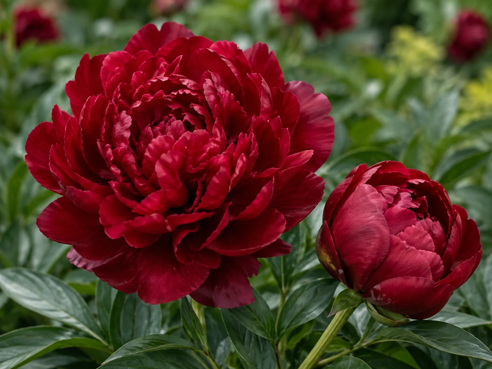 Peonia color ciliegia in piena fioritura con un bocciolo su foglie verdi