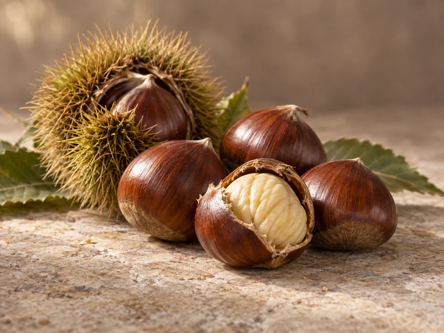 Castagne lucide, un riccio e un frutto aperto su pietra chiara