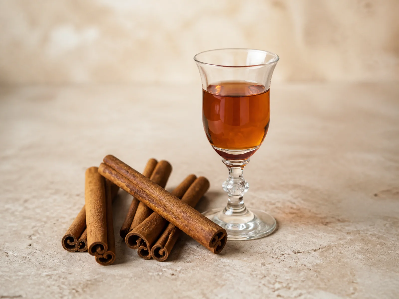Stecche di cannella accanto a un bicchiere di liquore ambrato