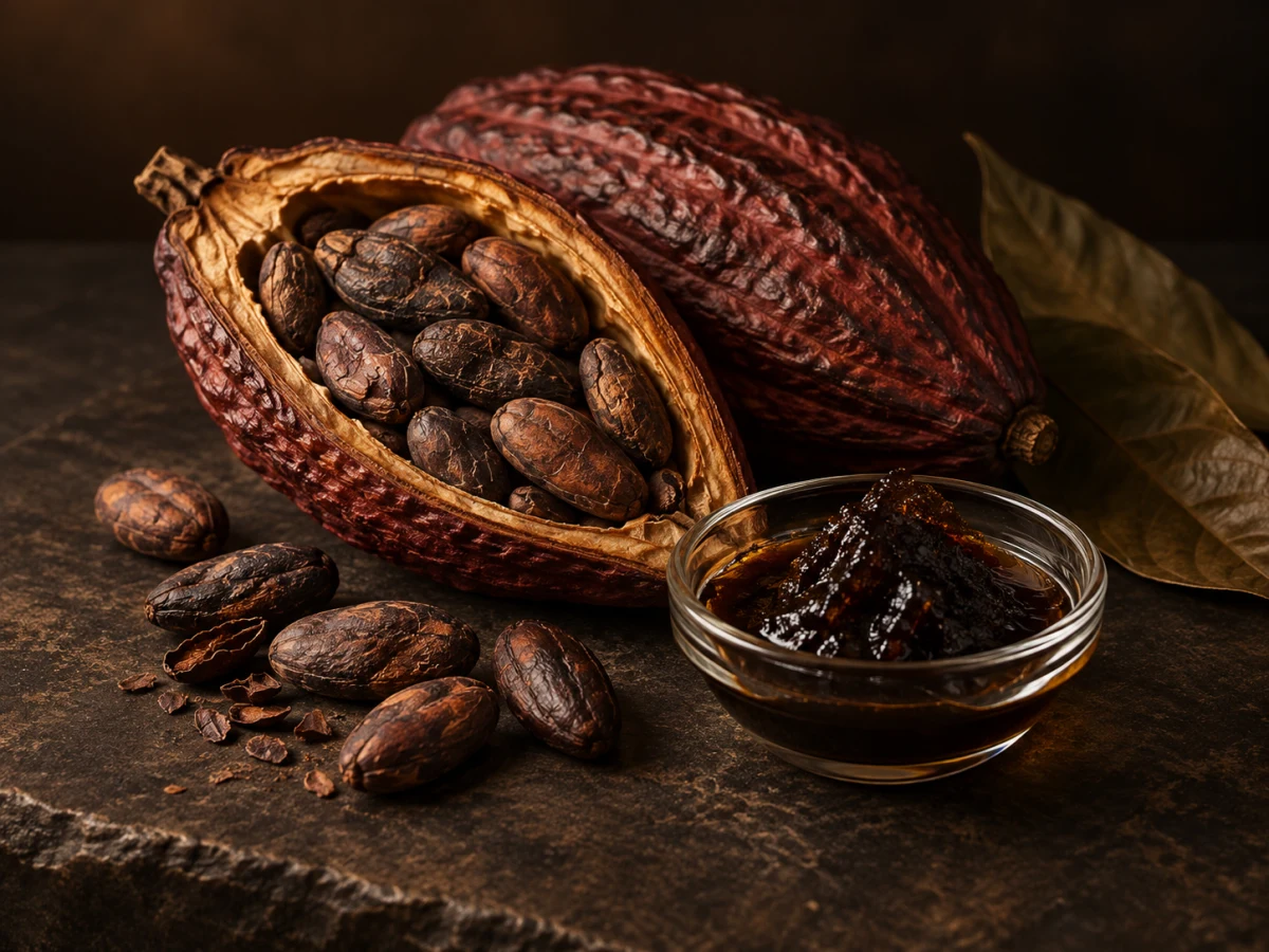 Cabosse e fave di cacao accanto a una coppa di assoluta bruna e densa su pietra scura