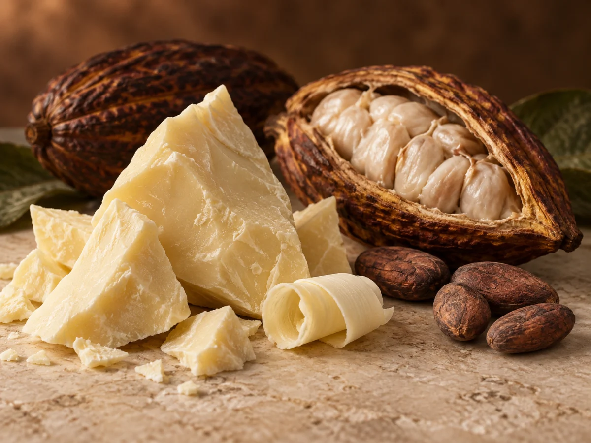 Burro di cacao chiaro accanto a cabosse e fave, rappresentazione evocativa della sua assoluta