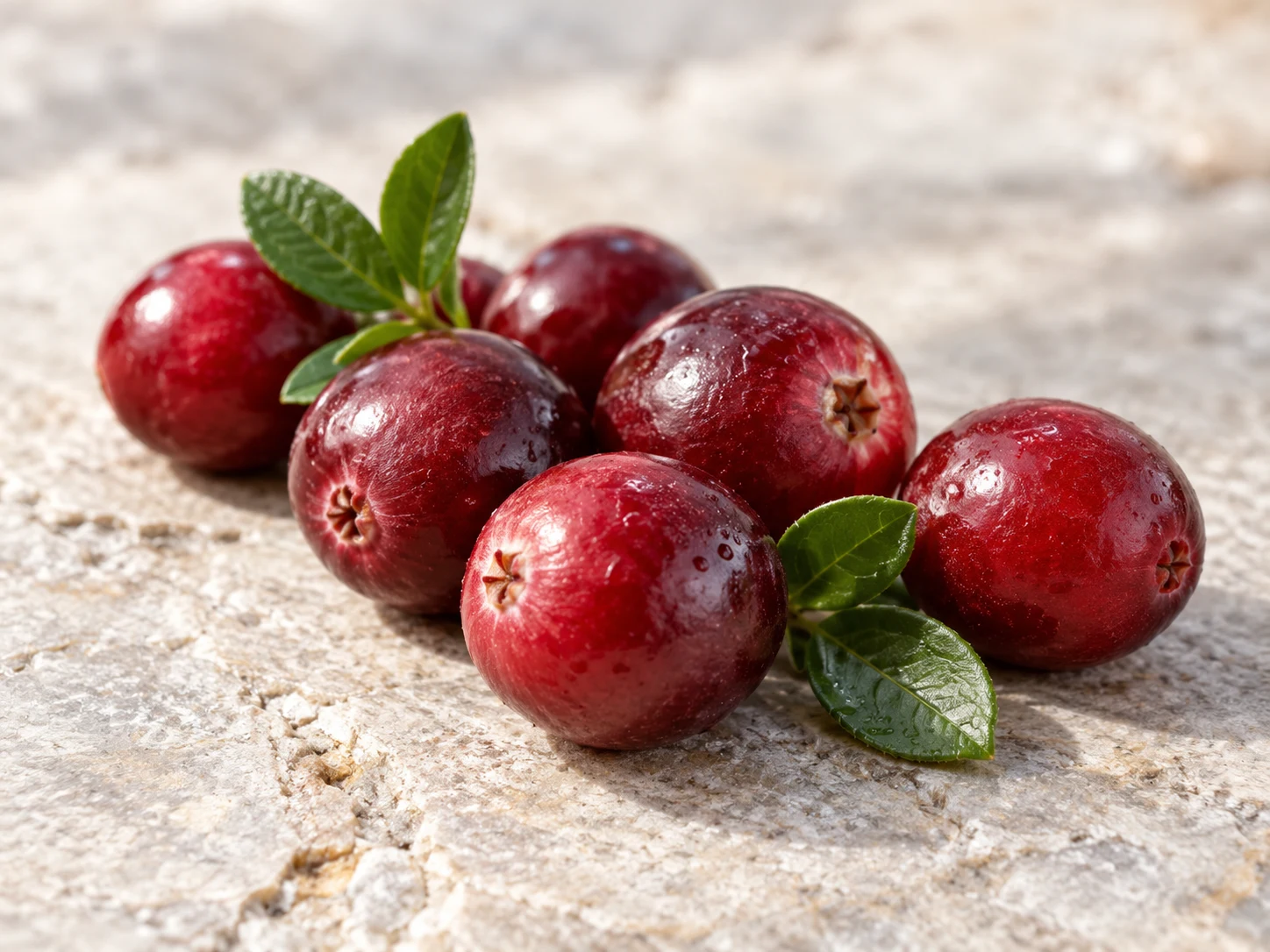 Bacche rosse di cranberry con foglie verdi su pietra chiara