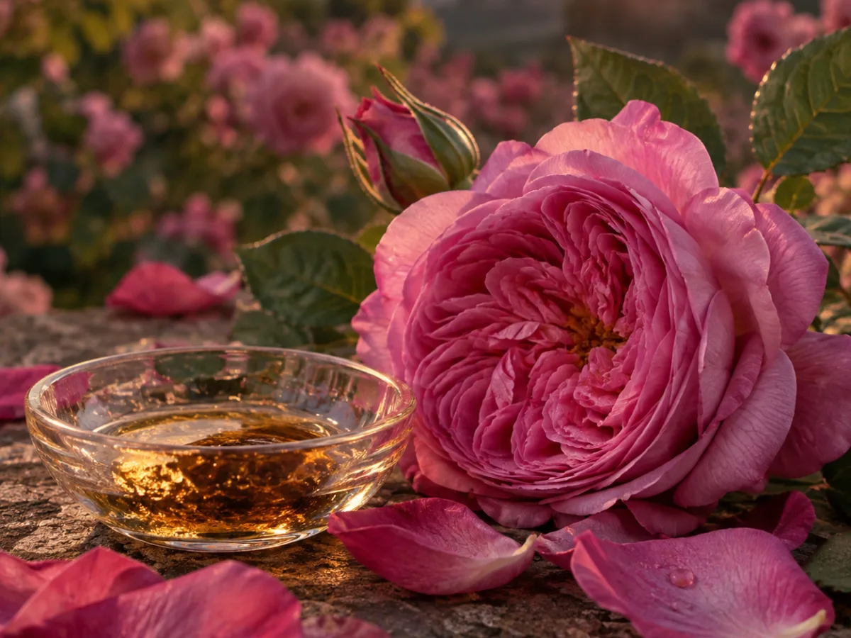 Rosa damascena rosa intenso con petali e una piccola coppa di estratto ambrato al tramonto, rappresentazione evocativa della materia olfattiva