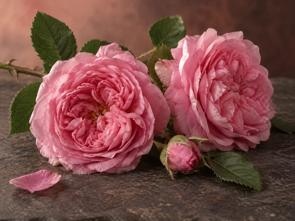 Rose di Damasco rosa con bocciolo, foglie seghettate e stelo spinoso