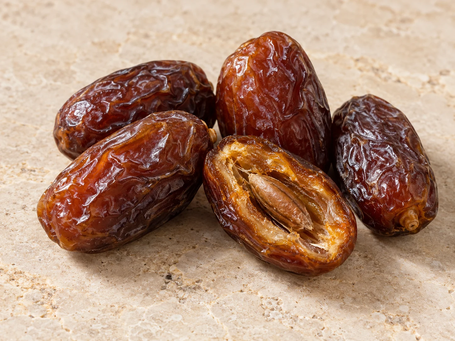 Datteri bruni essiccati, uno aperto sulla polpa ambrata e sul nocciolo, su pietra chiara