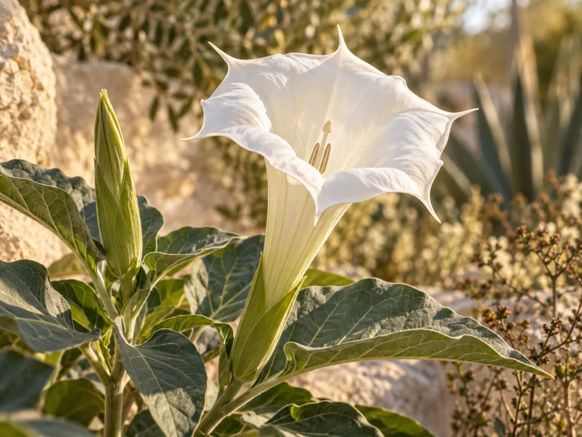 Fiore di datura bianco a tromba fra foglie verdi in un giardino luminoso, rappresentazione botanica evocativa della materia olfattiva