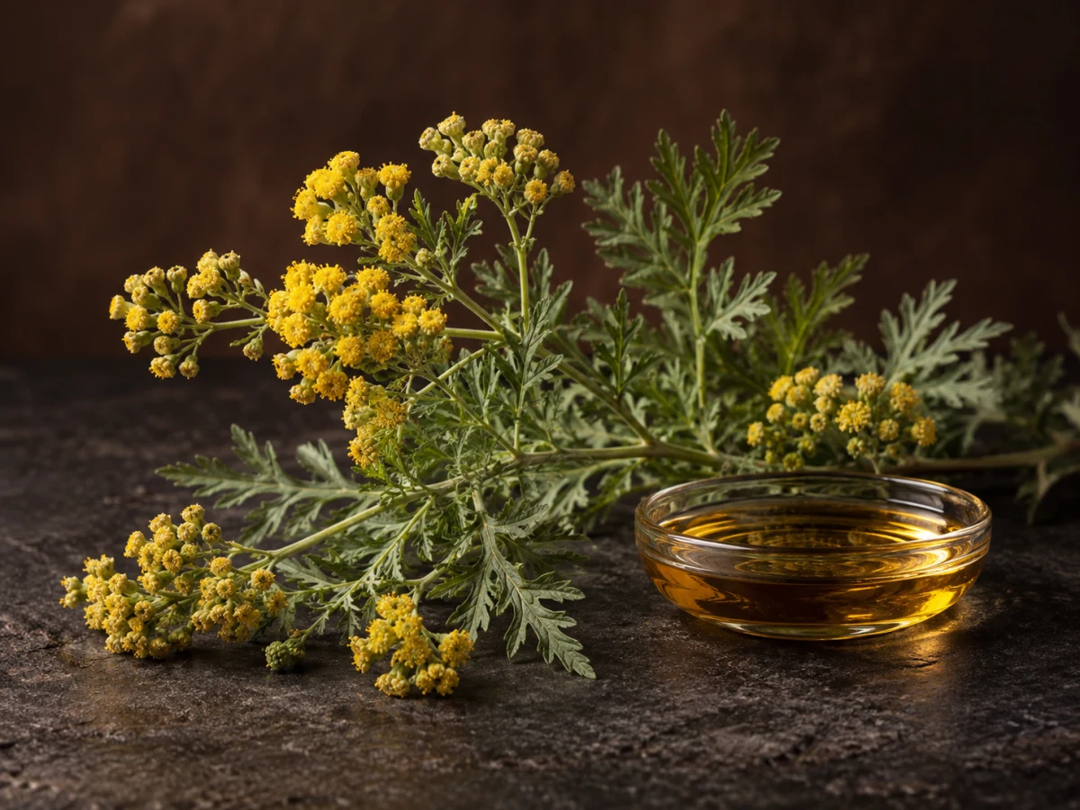 Rami di davana con foglie verde argento, piccoli fiori gialli e una coppa di essenza ambrata su pietra scura