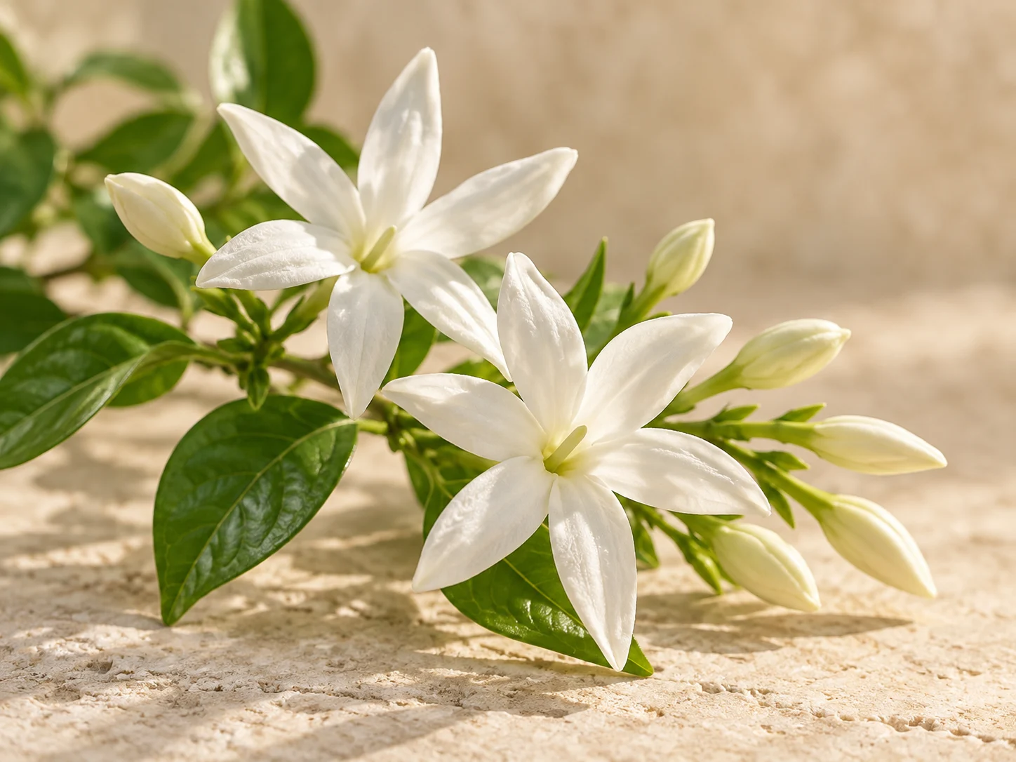 Fiori bianchi stellati di gelsomino egiziano con boccioli e foglie verdi