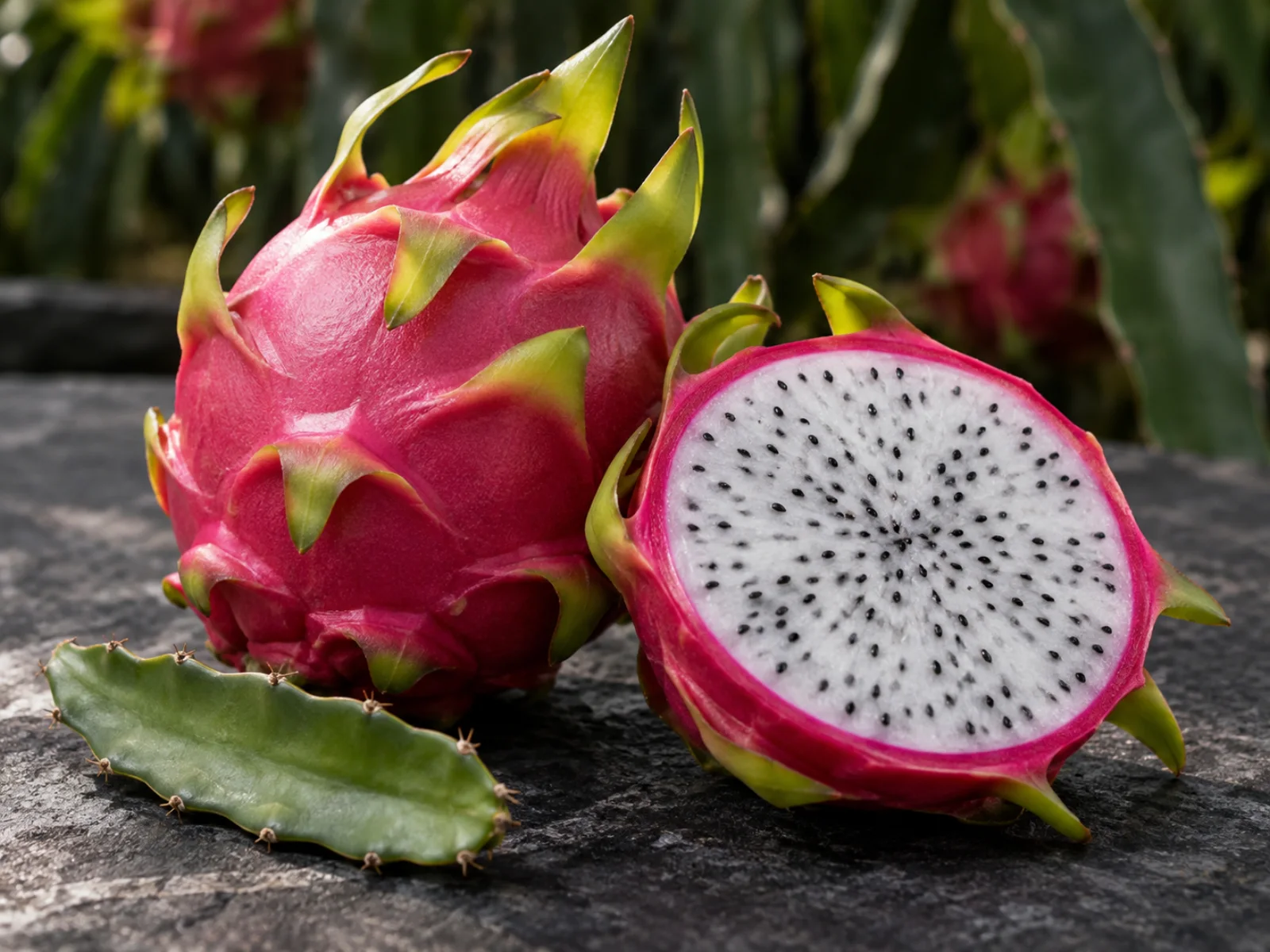 Pitaya esotica intera e aperta con polpa bianca e semi neri su pietra scura