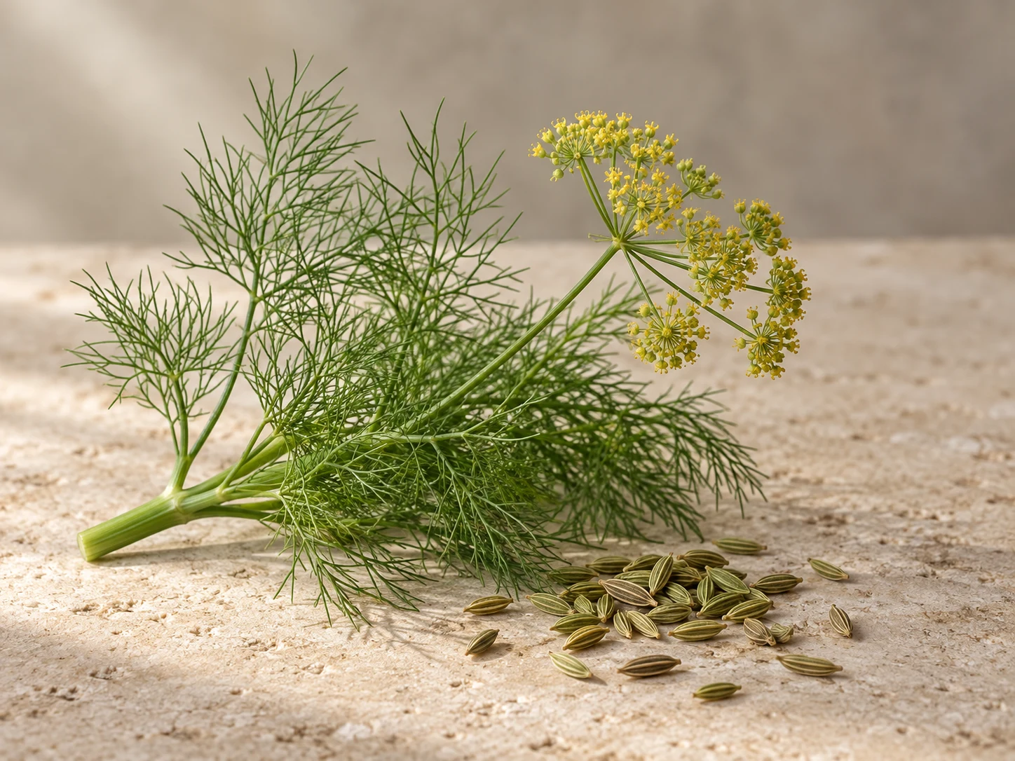 Rametto di finocchio con foglie sottili, fiori gialli e semi striati su pietra beige.