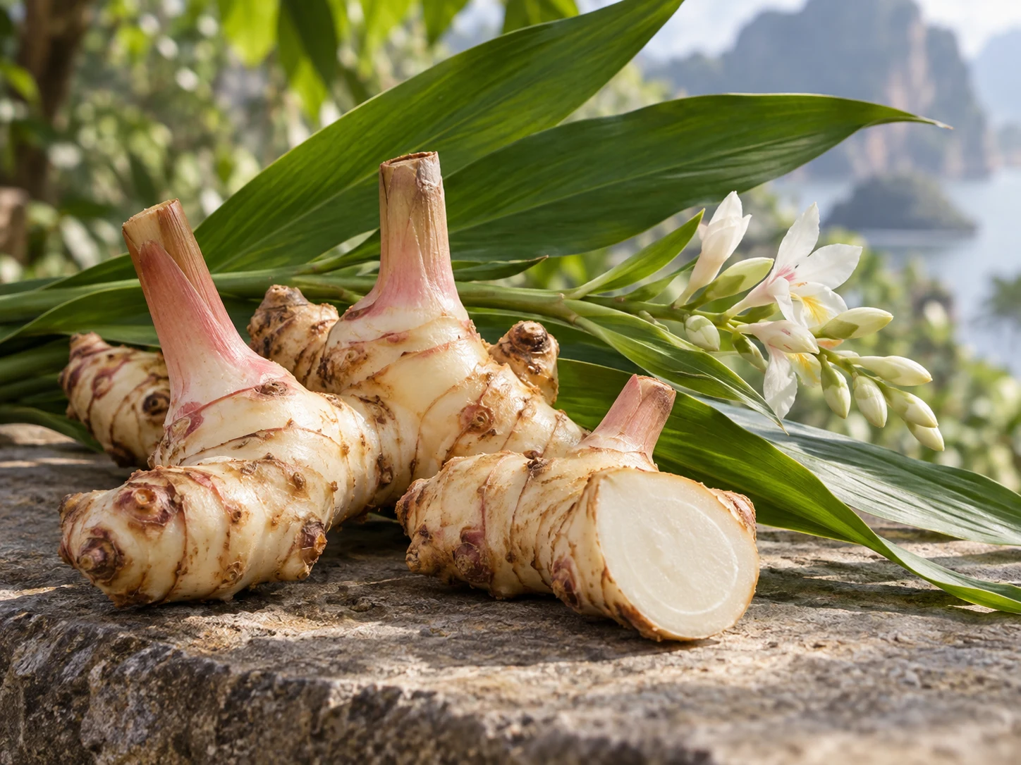 Rizomi chiari di galanga con foglie verdi e piccoli fiori bianchi