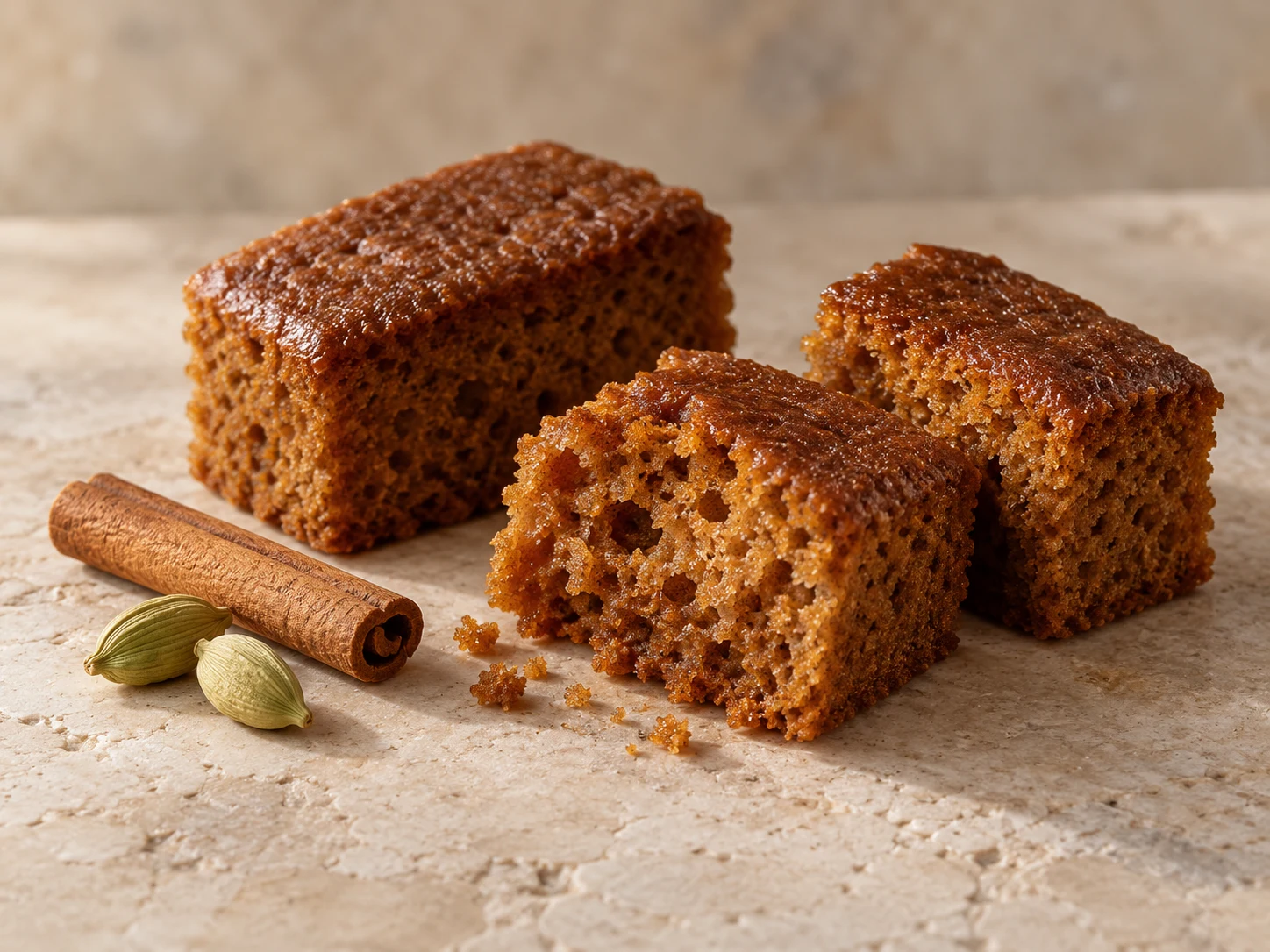 Pezzi di pan di zenzero dalla mollica bruna con cannella e cardamomo su pietra chiara