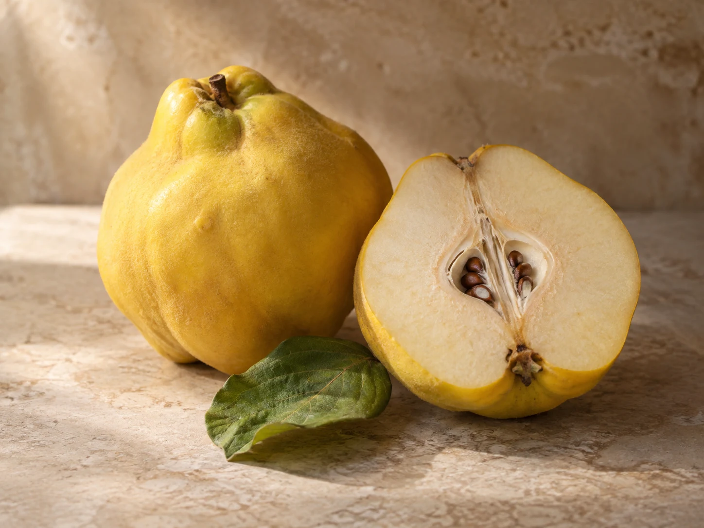 Mela cotogna dorata intera e tagliata con polpa chiara e semi visibili