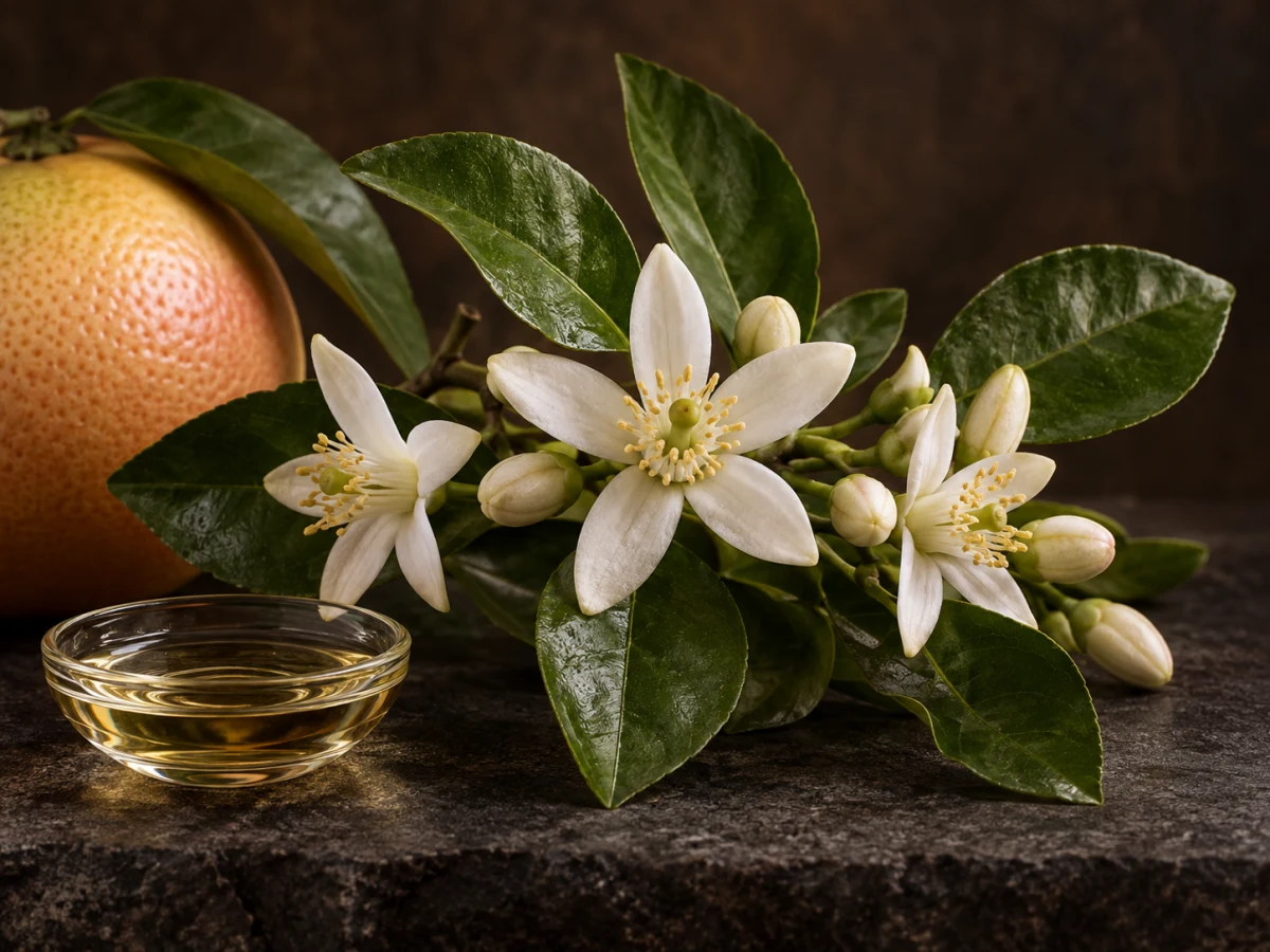Fiori bianchi di pompelmo del Marocco con foglie lucide, un frutto e una coppa di essenza su pietra scura