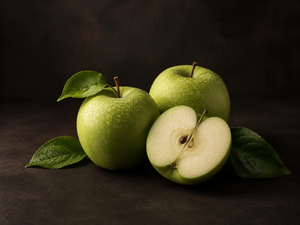 Mele verdi Granny Smith intere e tagliate con foglie
