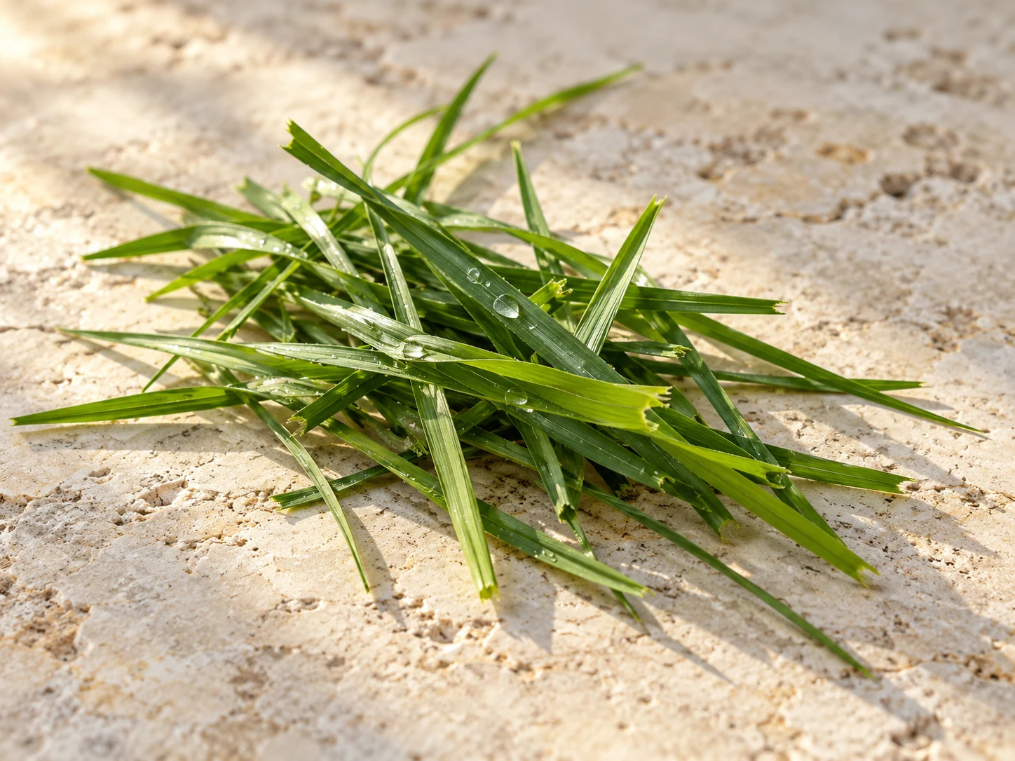 Fili d’erba verde appena tagliata con gocce di rugiada su pietra chiara