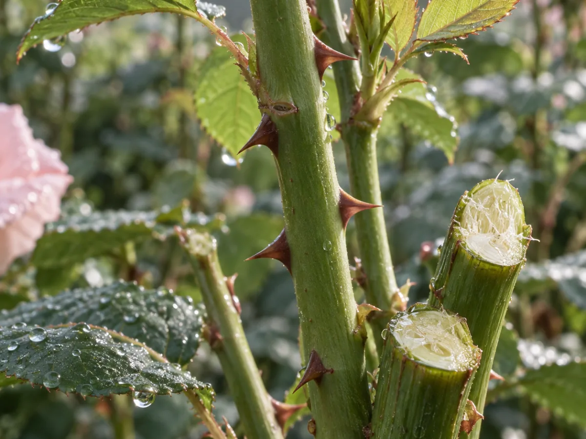 Steli verdi di rosa appena recisi con fibre umide, spine, foglie giovani e rugiada, rappresentazione evocativa dell’accordo olfattivo