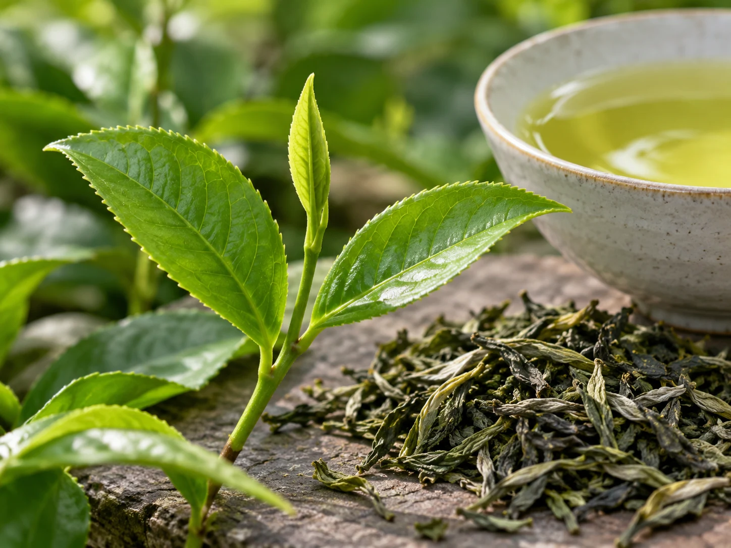 Germogli e foglie di tè verde accanto a un infuso chiaro