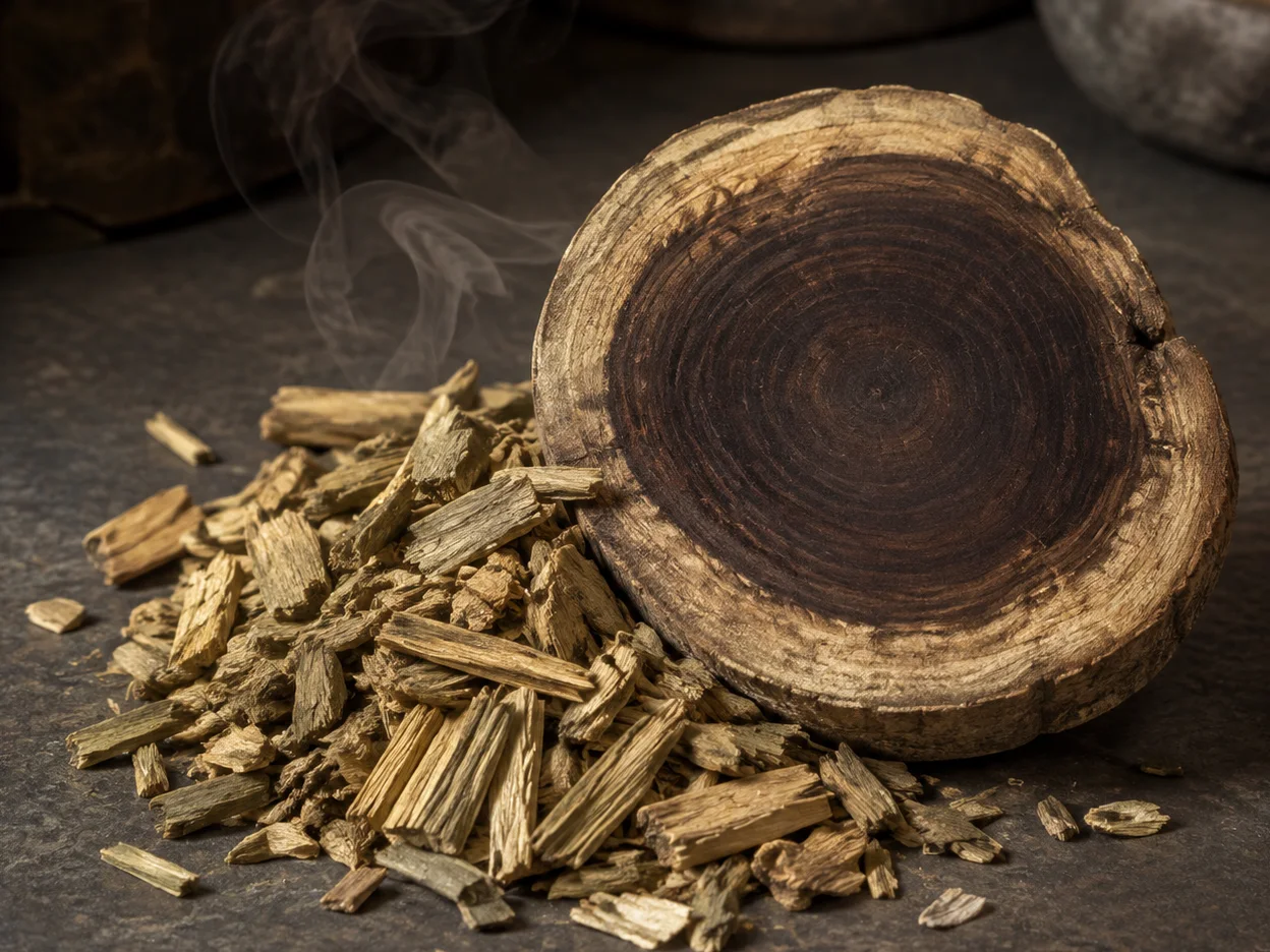 Scaglie di legno di guaiaco accanto a una sezione di durame scuro