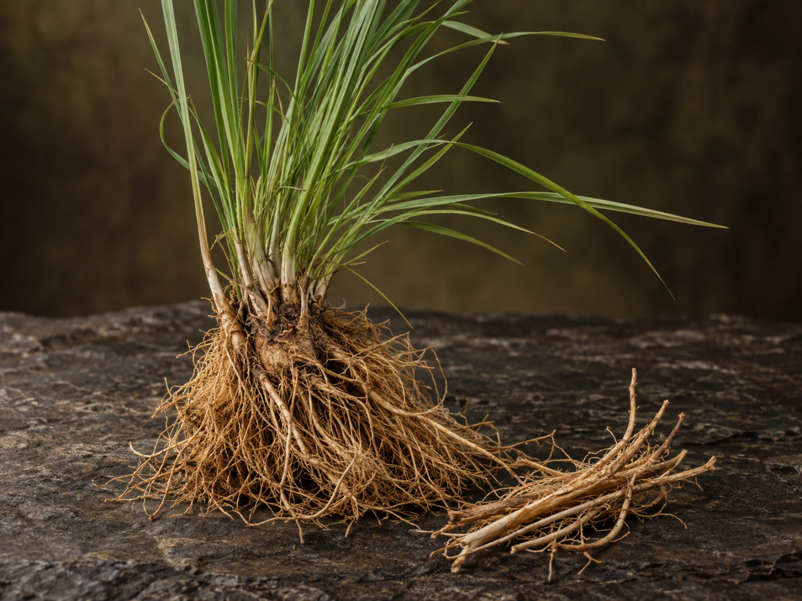 Ciuffo di vetiver con lunghe foglie verdi e radici aromatiche dorate su pietra scura