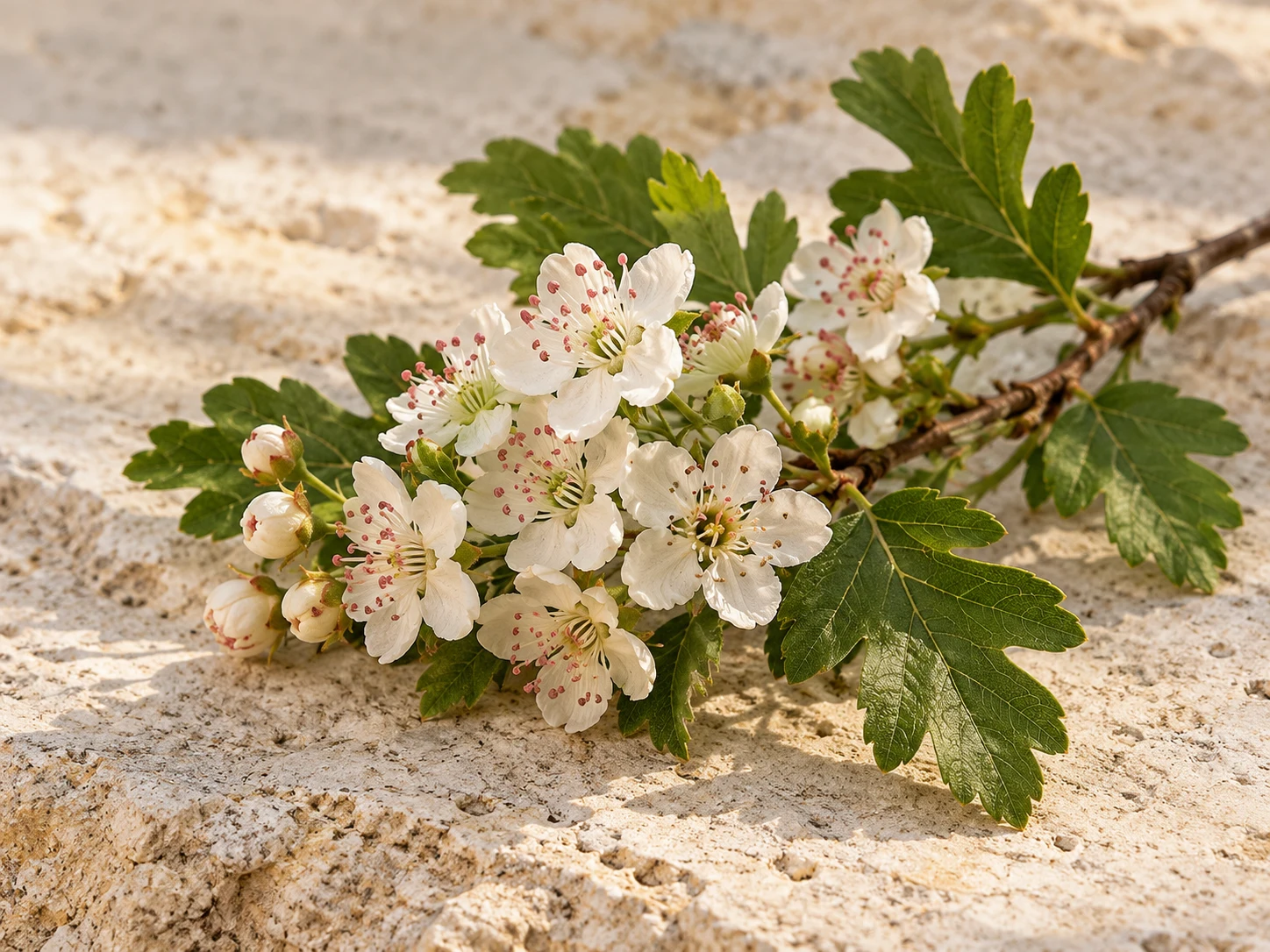 Piccoli fiori bianchi di biancospino e foglie lobate su pietra chiara