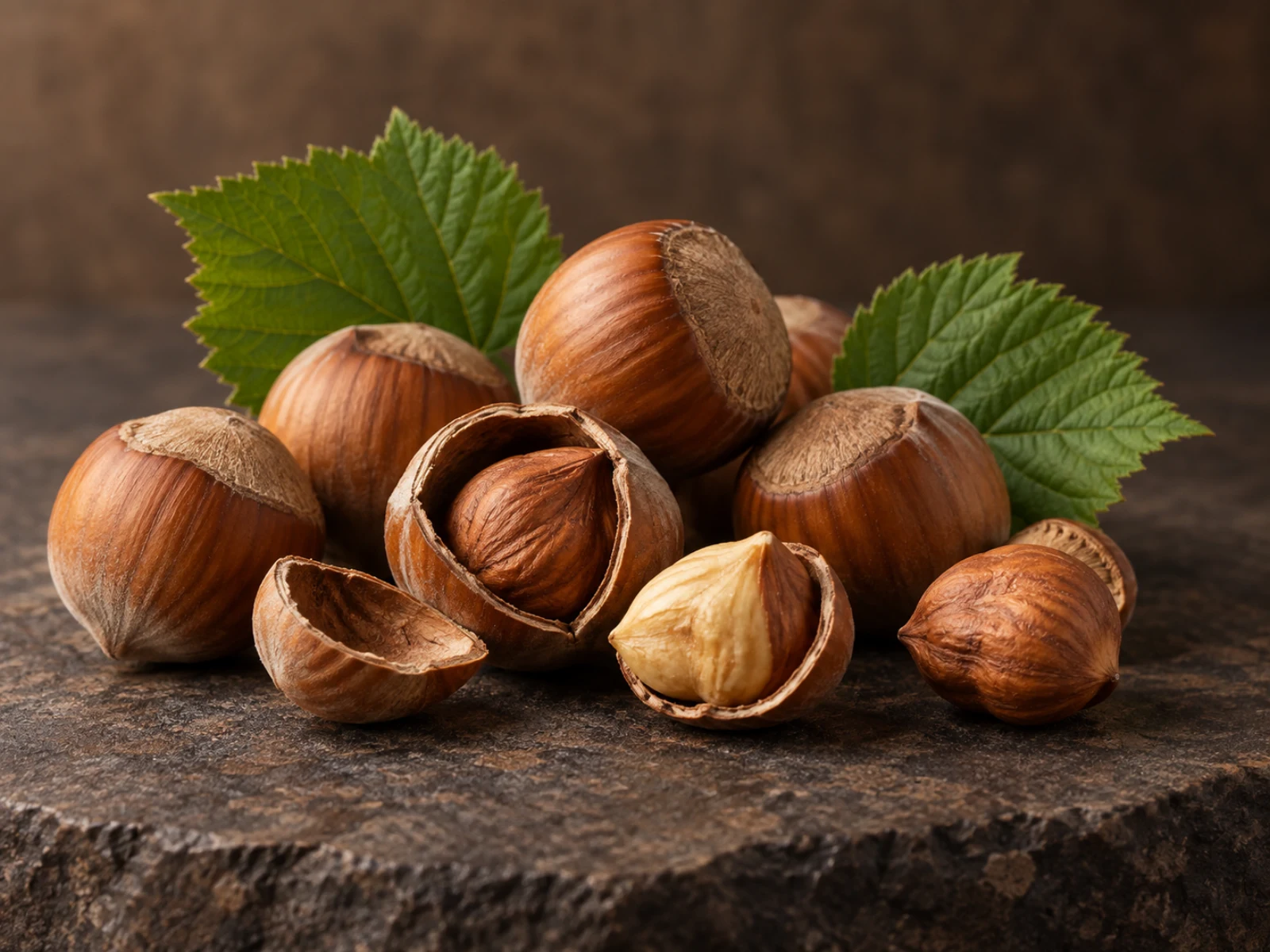 Nocciole intere e aperte con foglie verdi su una superficie di pietra scura