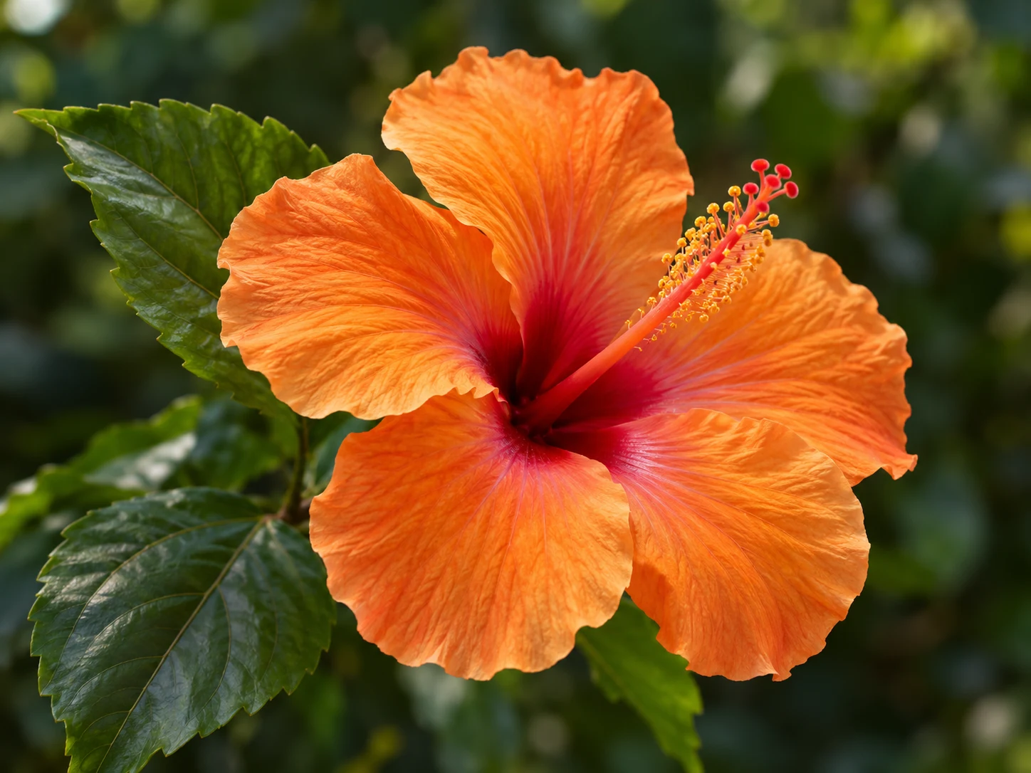 Fiore di ibisco arancione con petali luminosi e centro rosso, fra foglie verdi.