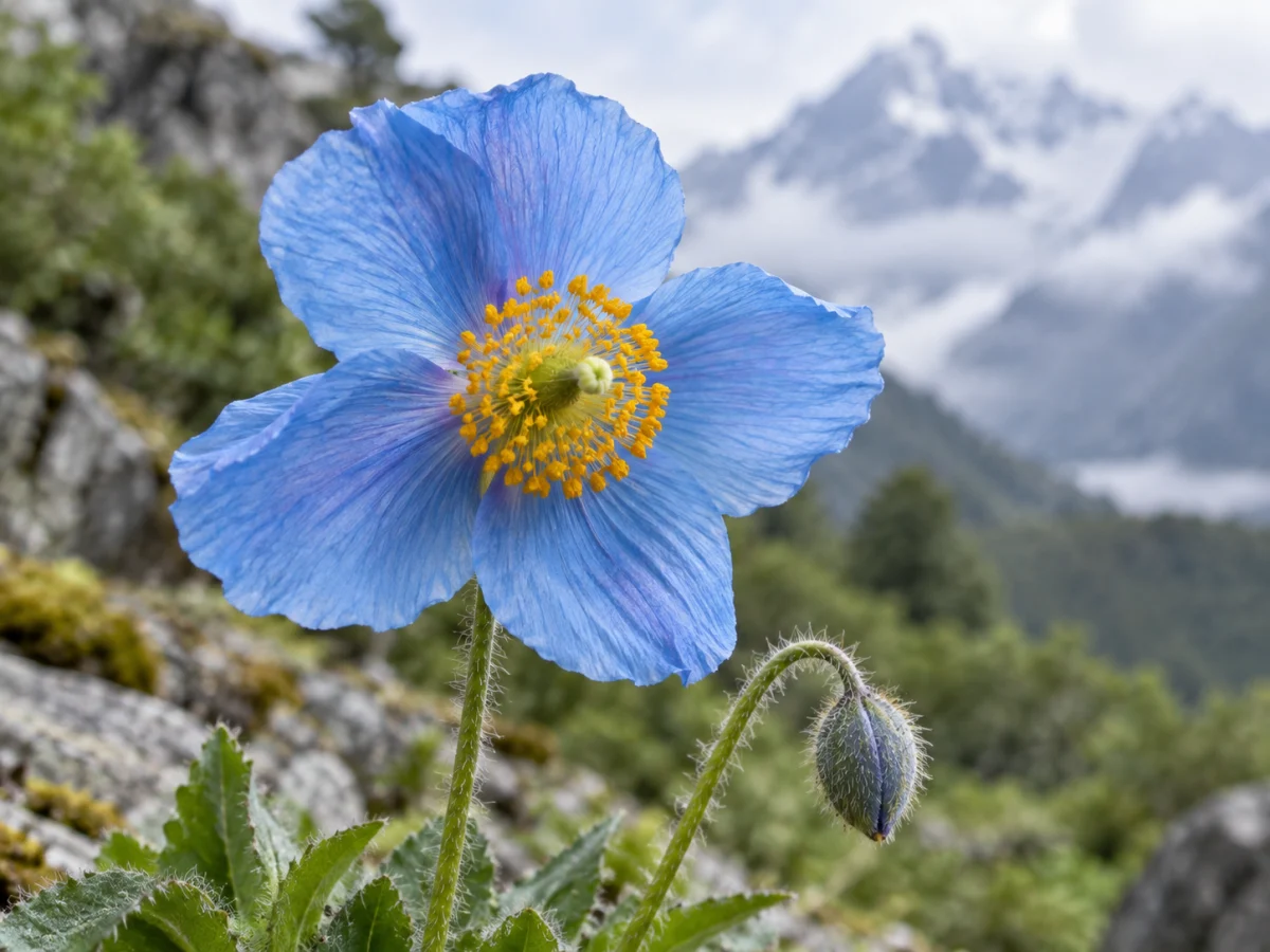Papavero blu dell’Himalaya con petali azzurri e stami dorati in un paesaggio montano, rappresentazione evocativa della materia olfattiva