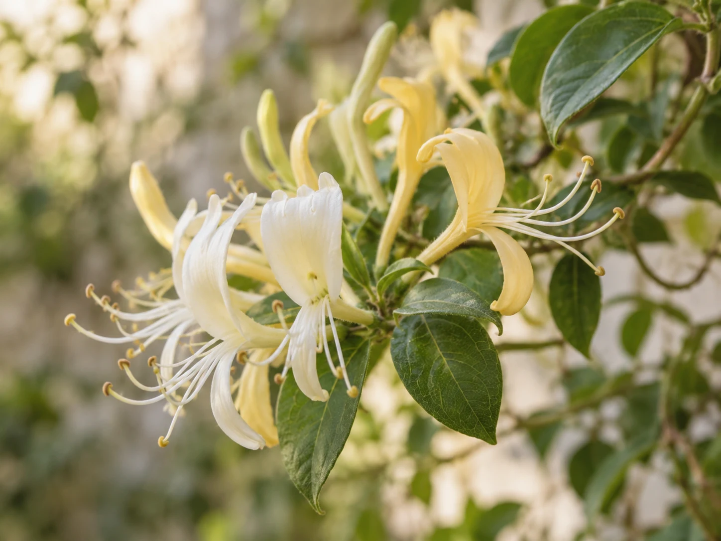 Fiori tubolari di caprifoglio bianco e dorato tra foglie verdi