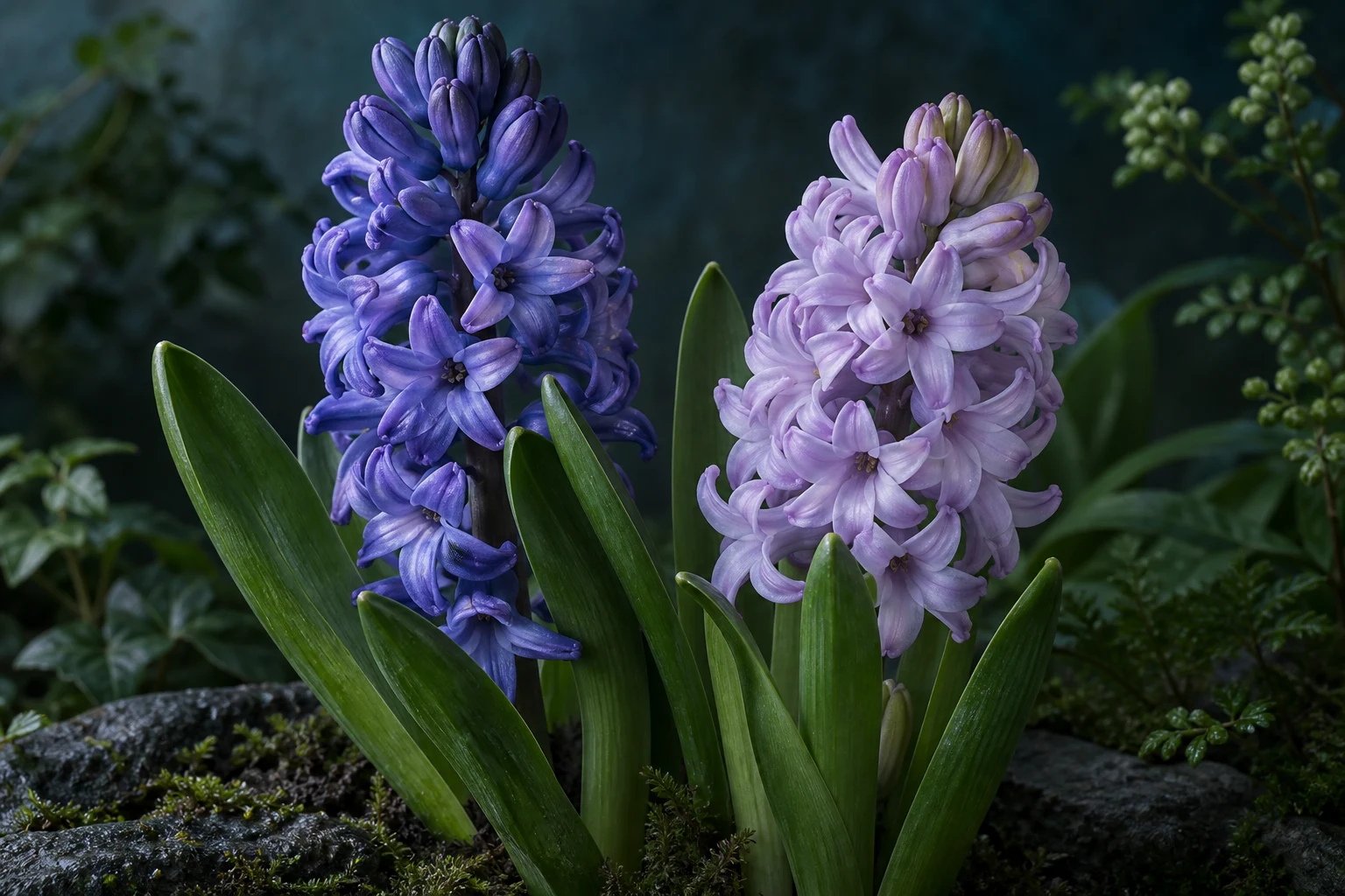 Spighe di giacinto blu e lilla con foglie verdi