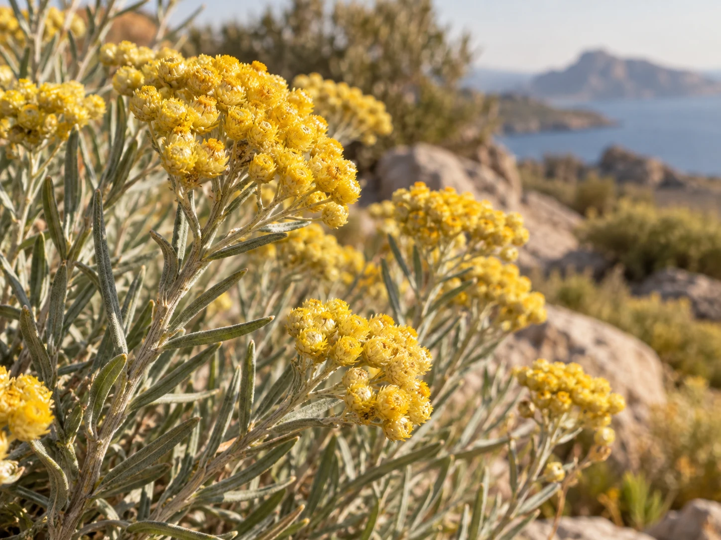 Fiori dorati di elicriso con foglie argentee nella luce mediterranea