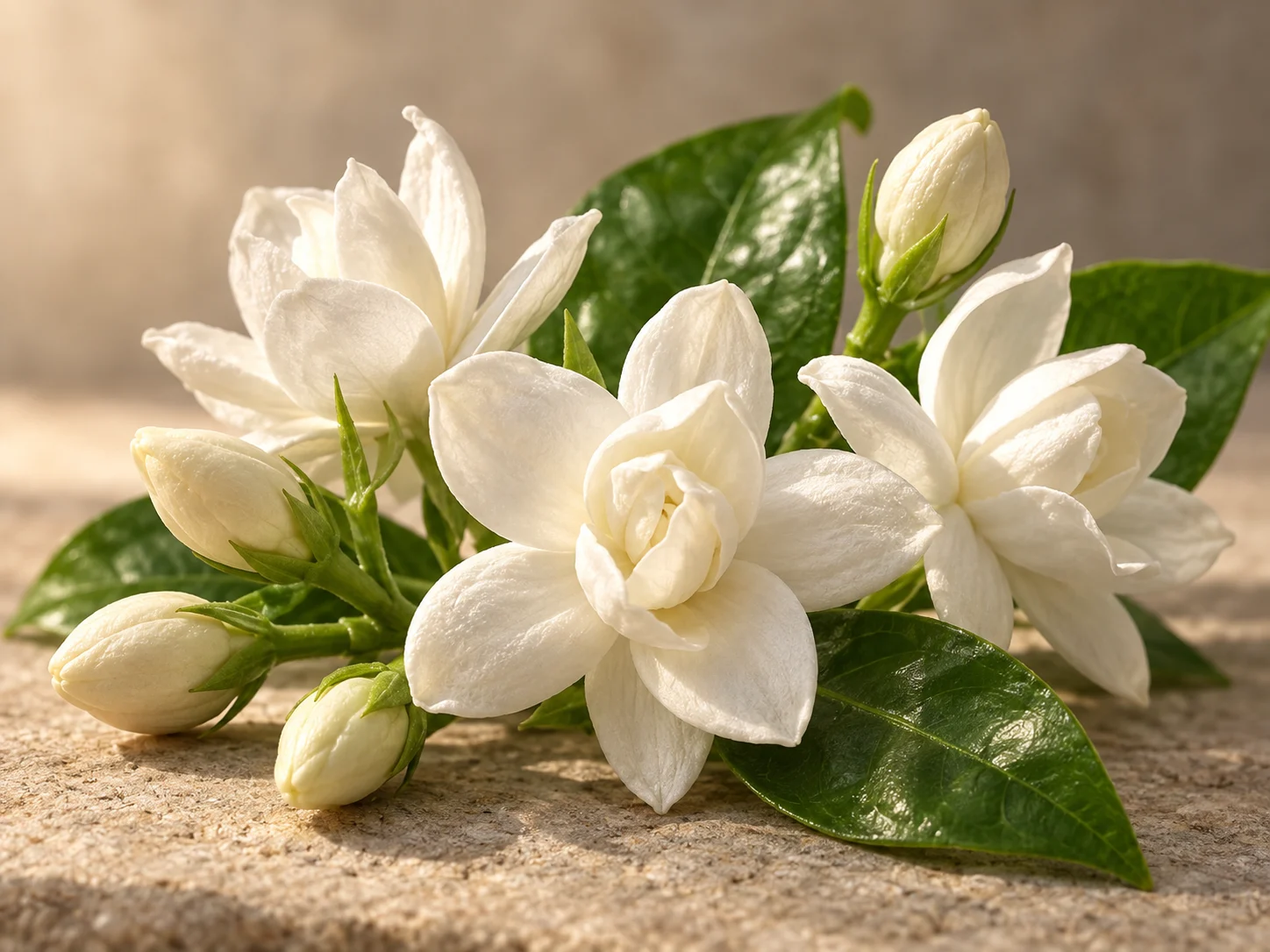 Fiori bianchi doppi di gelsomino indiano con boccioli e foglie verdi