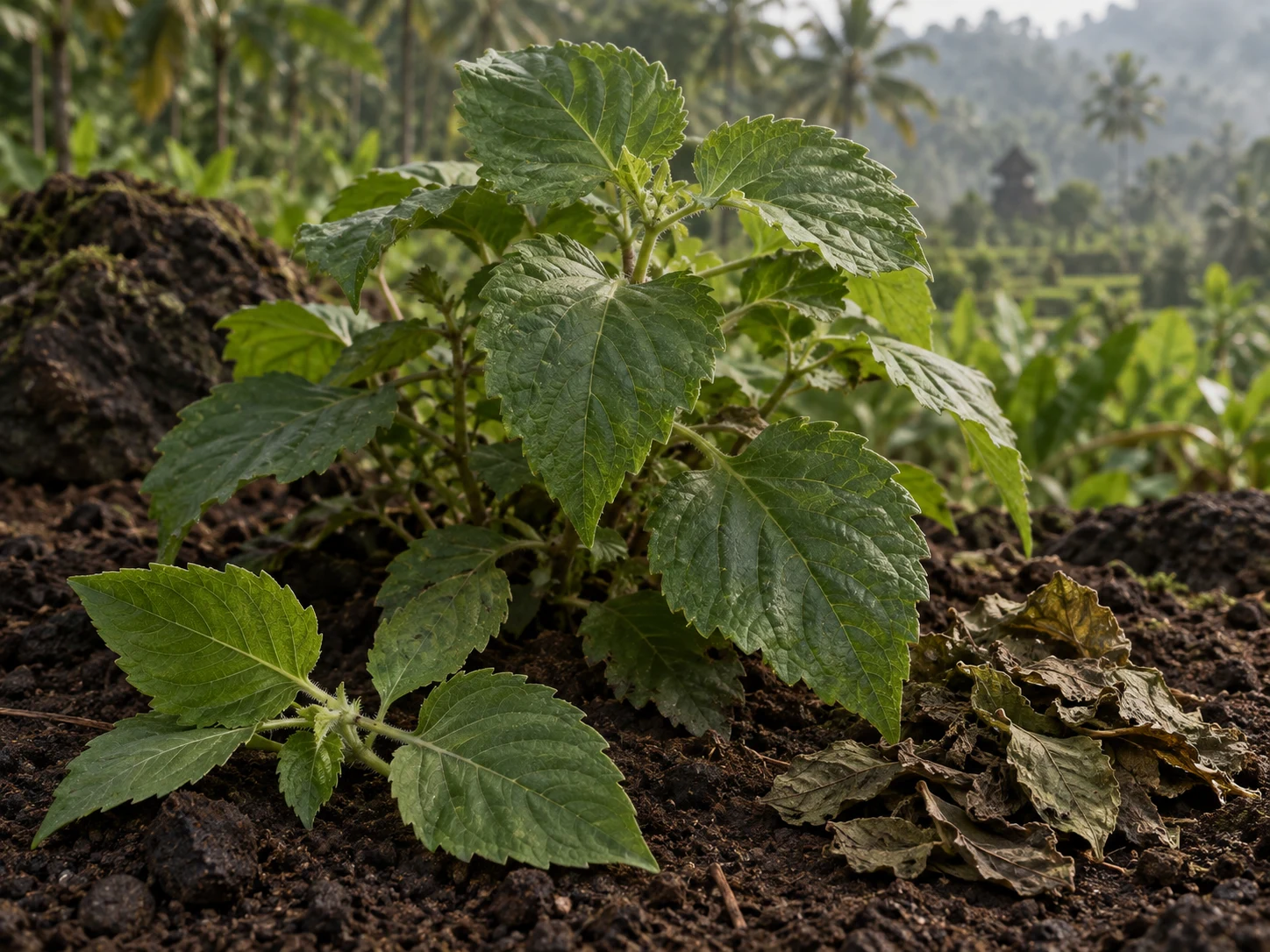 Pianta di patchouli indonesiano con foglie verdi e foglie essiccate su terreno scuro