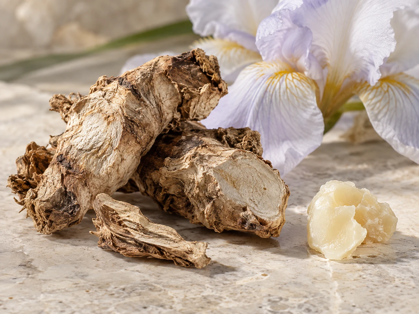 Rizomi chiari e materia cerosa, evocazione di concreta di iris