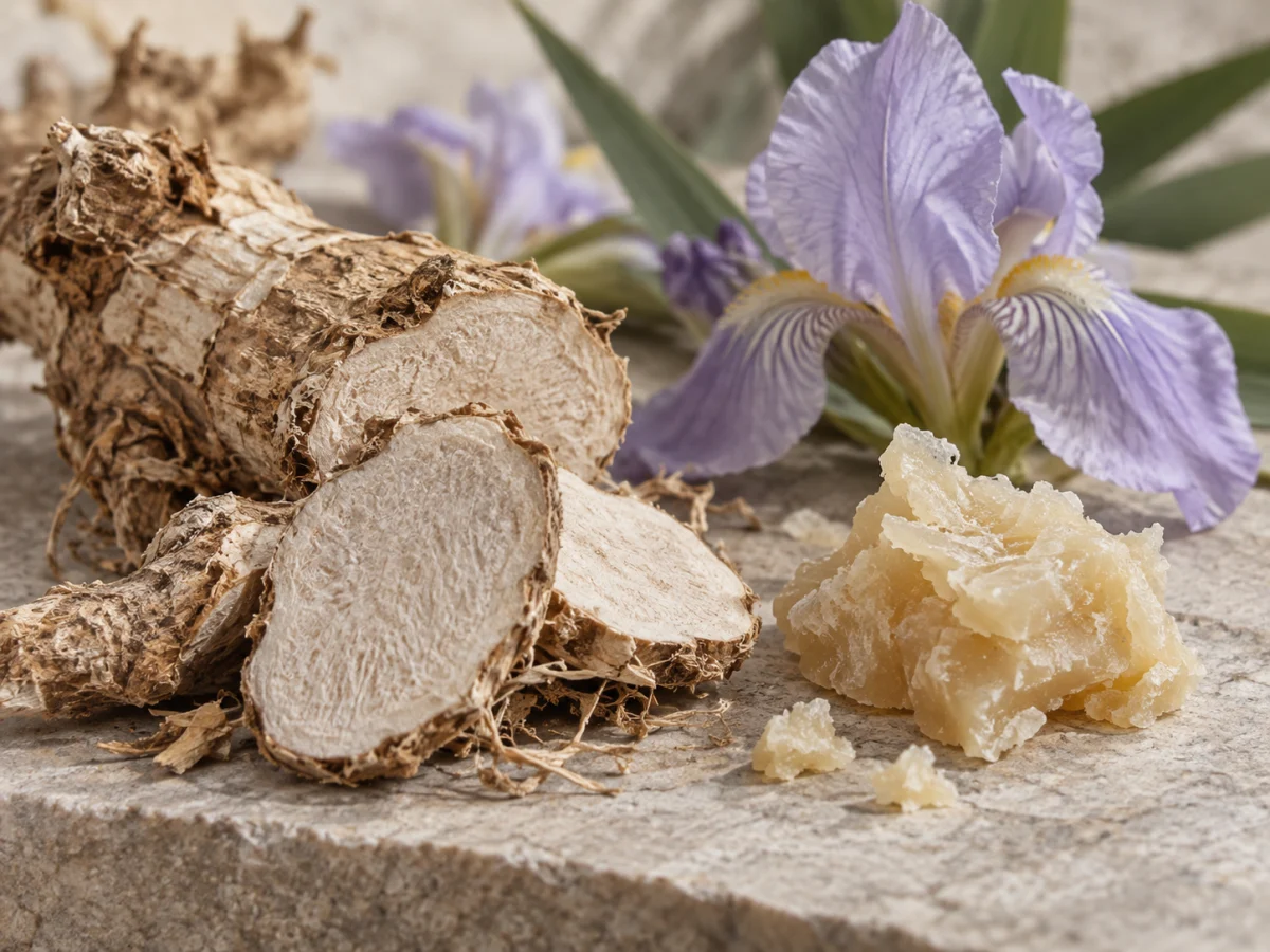 Rizomi di Iris Pallida accanto alla concreta chiara e a un fiore, rappresentazione evocativa della materia olfattiva